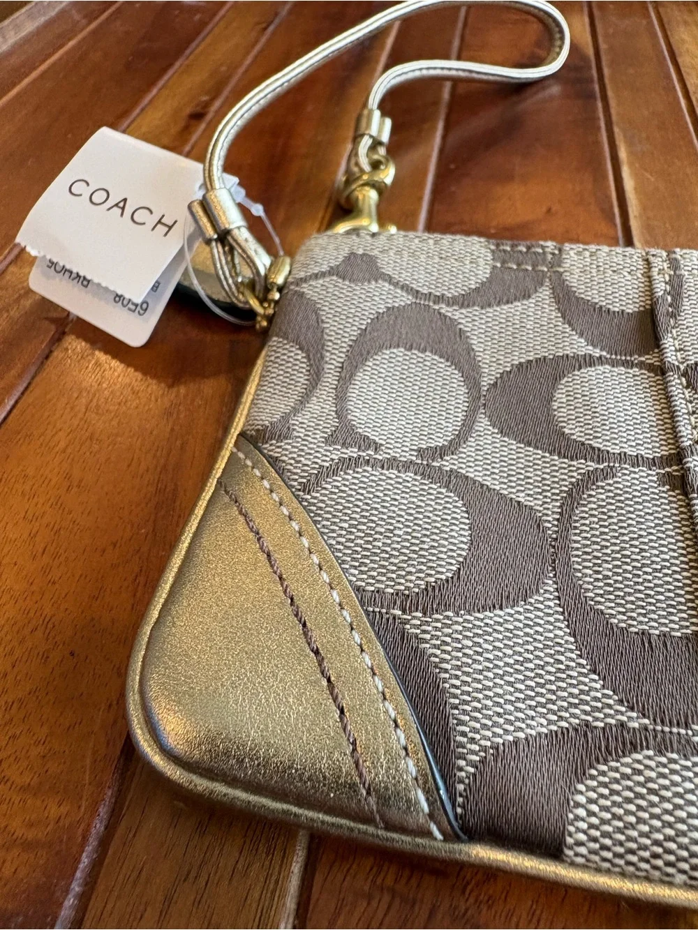COACH Signature Jacquard Gold Canvas Coin Pouch Wristlet Wallet NWT